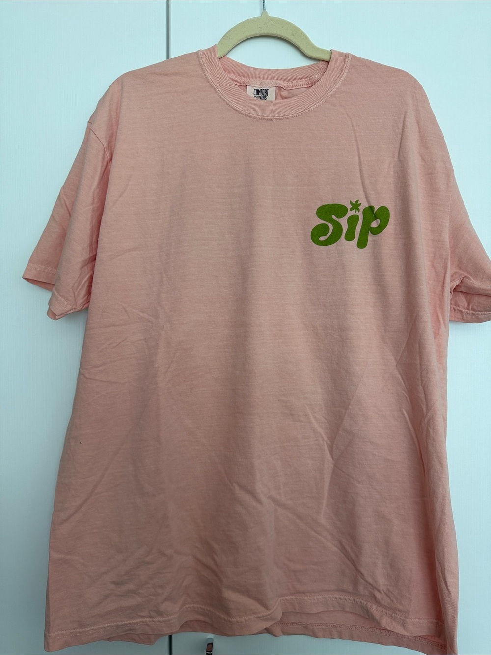Comfort Colors Sip Graphic T-Shirt Peach Pink Rainbow Back Print Women’s XL